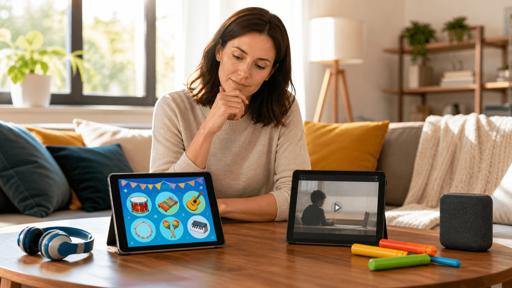 Split-screen illustration of a child singing with colorful music notes beside a child watching a dimly lit tablet.