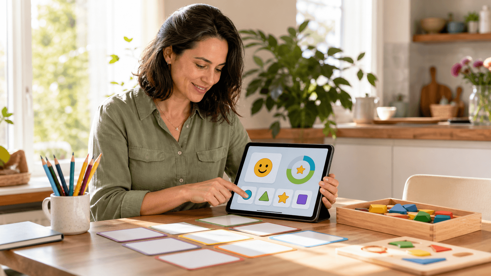 Smiling child studies at a tidy desk with colorful books, worksheets, and a softly lit tablet.