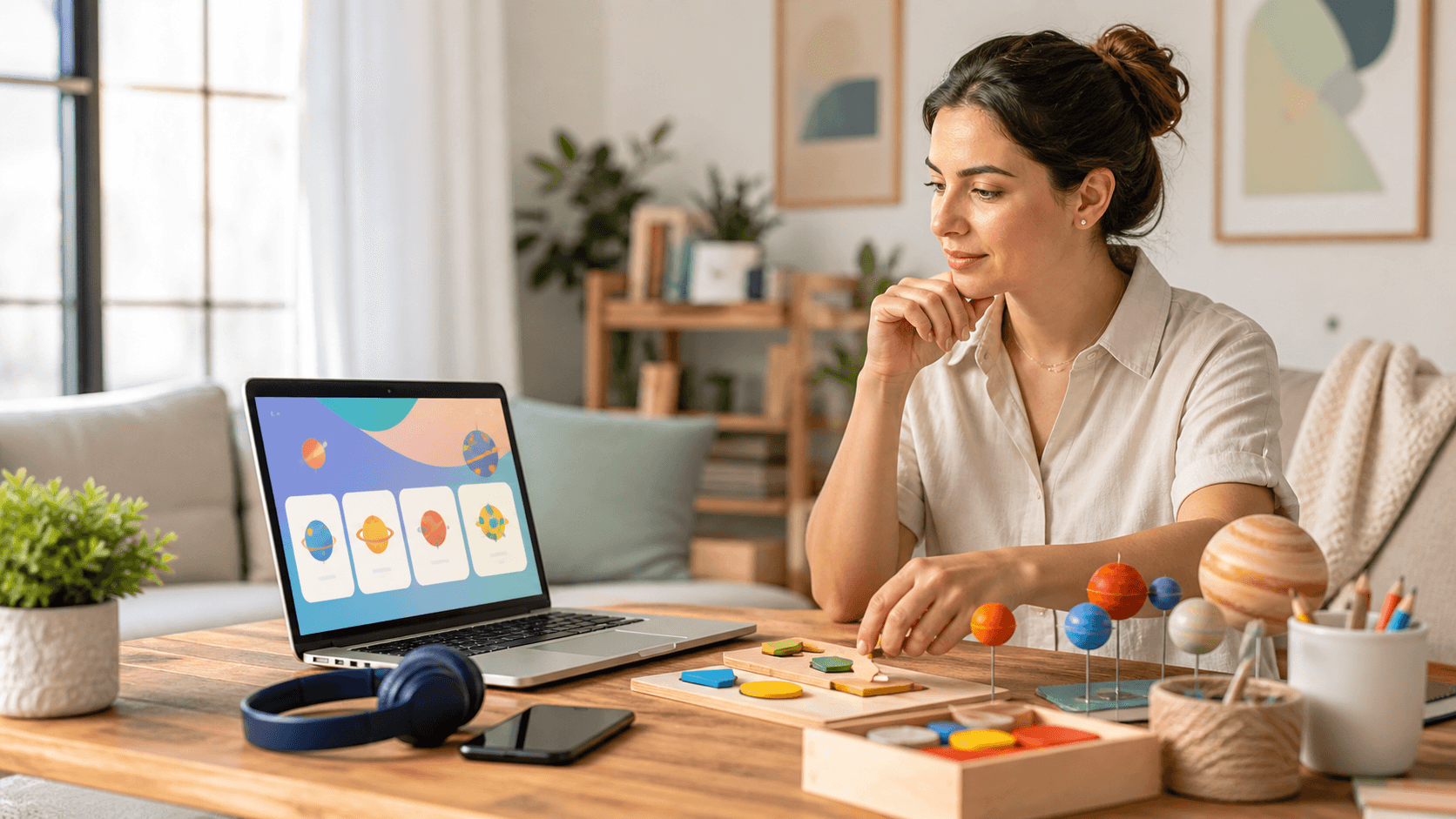 Child at a desk using a glowing AI companion screen, with colorful books and warm evening light