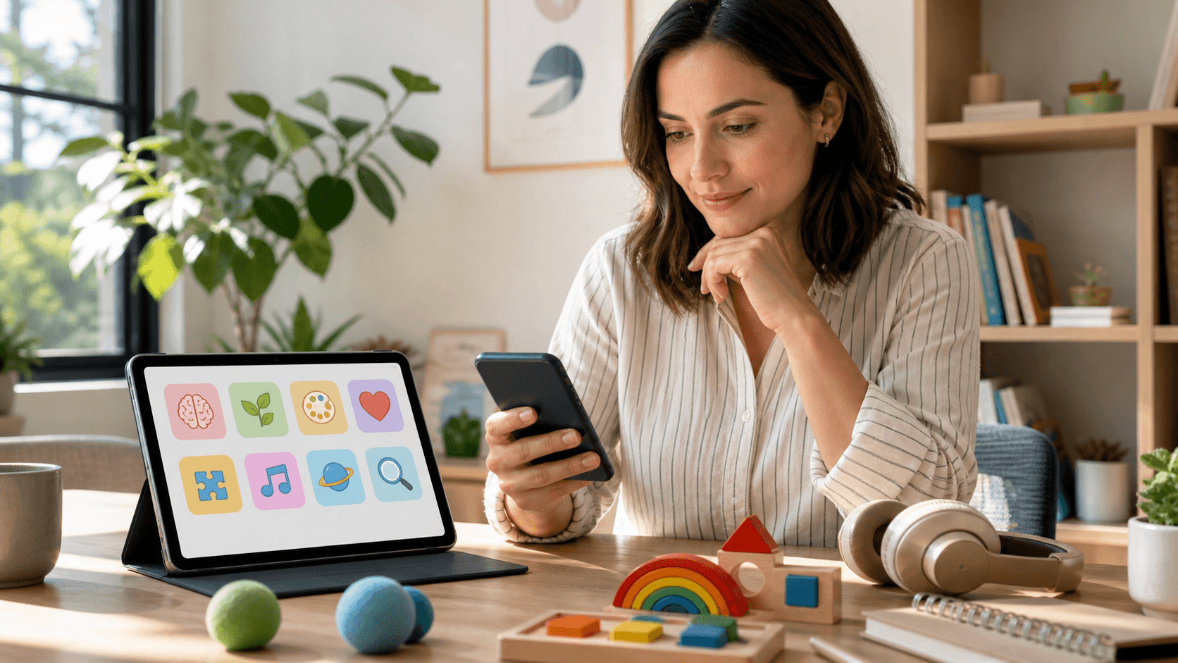 Child using a tablet beside a parent in a bright living room with soft blue and orange accents.