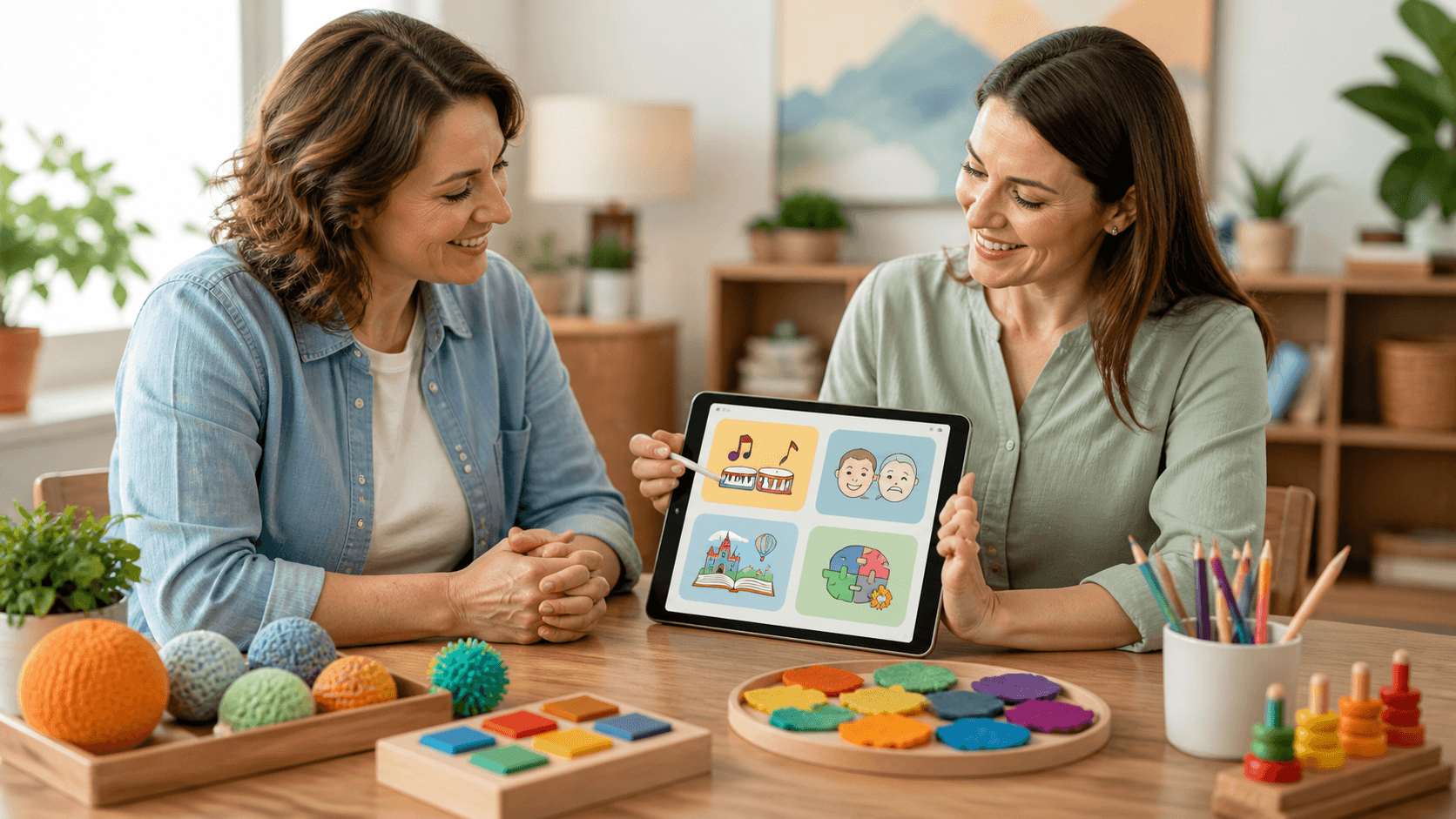 Colorful illustration of a child using a tablet surrounded by puzzle pieces, stars, and learning icons.