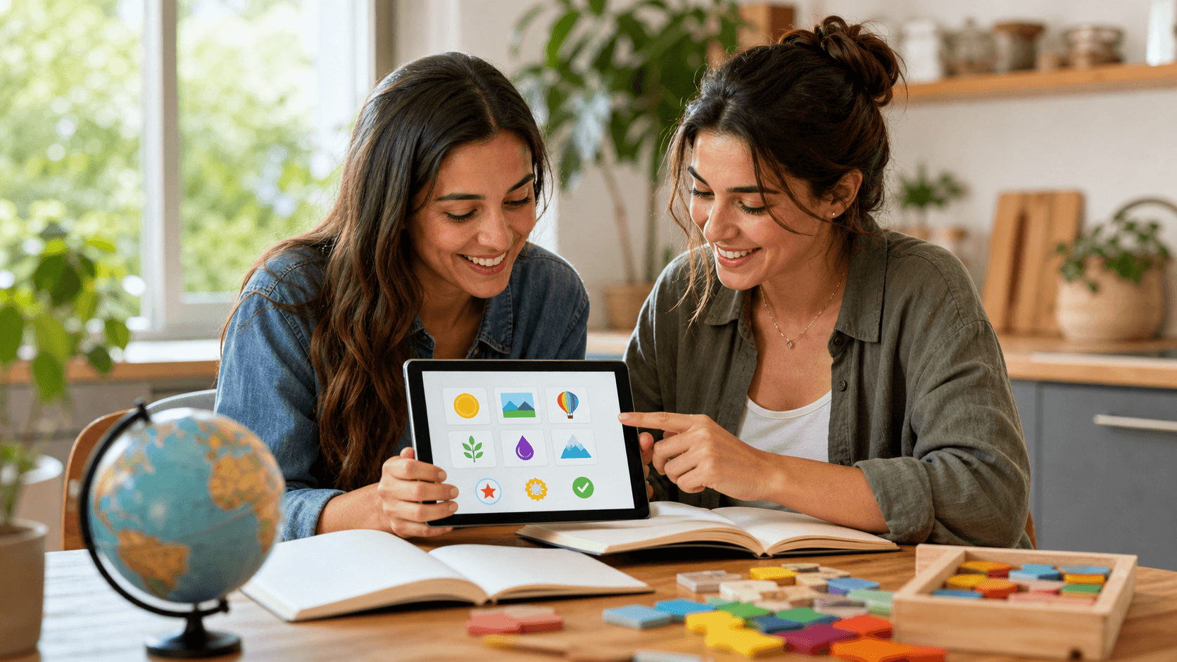 Colorful illustration of children learning with books, puzzles, and a tablet in a bright classroom.